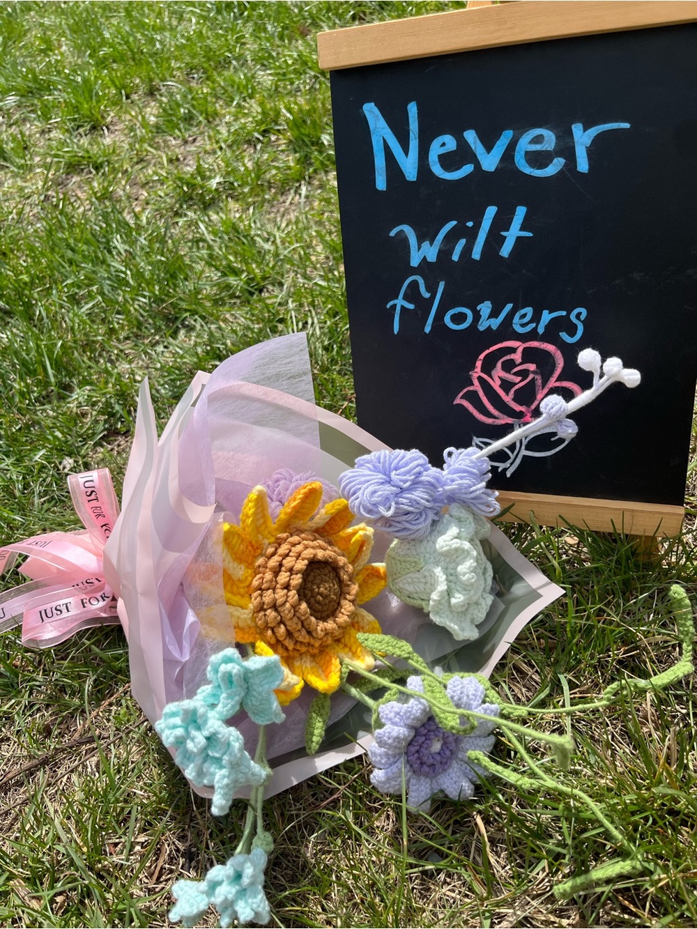 Handmade Crochet Flower Bouquet - Yellow Sunflower & Pastel Blooms